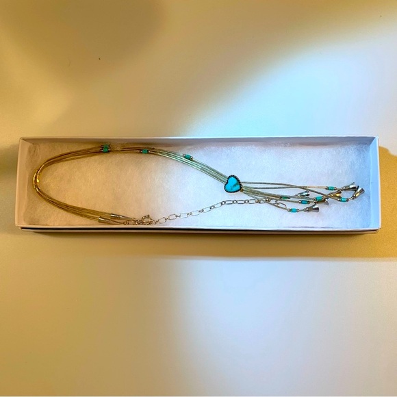 CAROLYN POLLACK 16-20" TURQUOISE SQUASH BLOSSOM LIQUID SILVER HEISHI NECKLACE - Picture 9 of 9